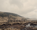 The wooden fence in a marshy plain could be located in the Mount Esja region, where the land is often dotted with moss and wetlands, close to Reykjavík. This type of landscape is characteristic of rural areas in Iceland.